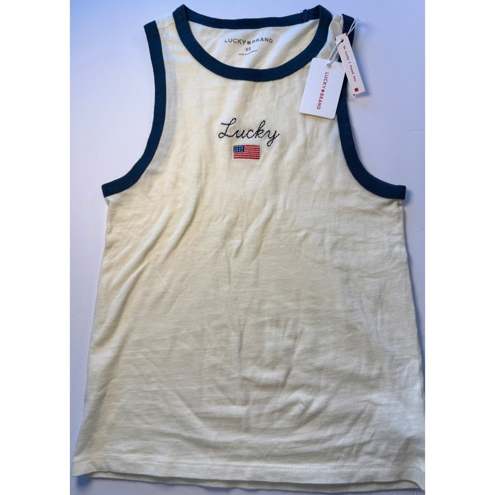 Lucky Brand Womens XS Cream Blue Ringer Tank Top American Flag Embroidered NWT